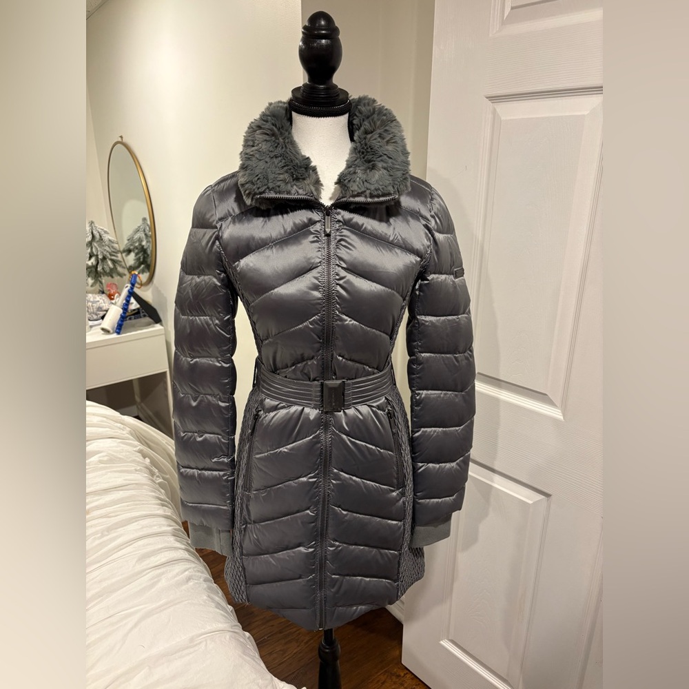 BCBGMAXAZRIA Metallic Grey Long Puffer Coat Faux Fur Belted XS